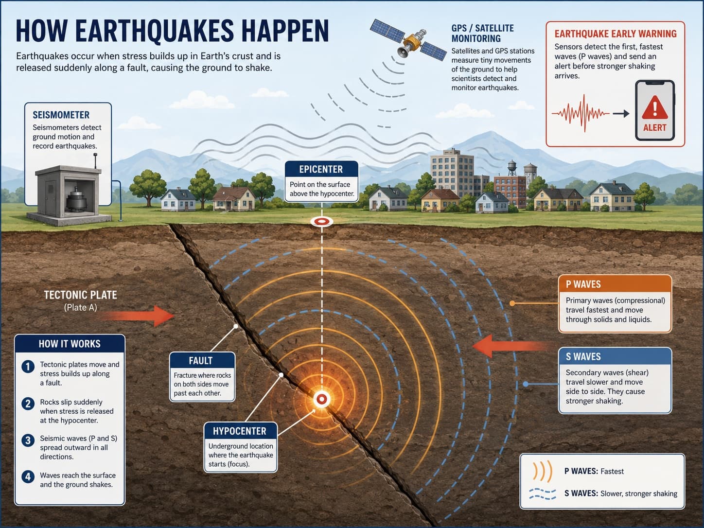Placeholder: educational earthquake science diagram showing a fault, seismic waves, epicenter, hypocenter, plate boundary, and monitoring tools