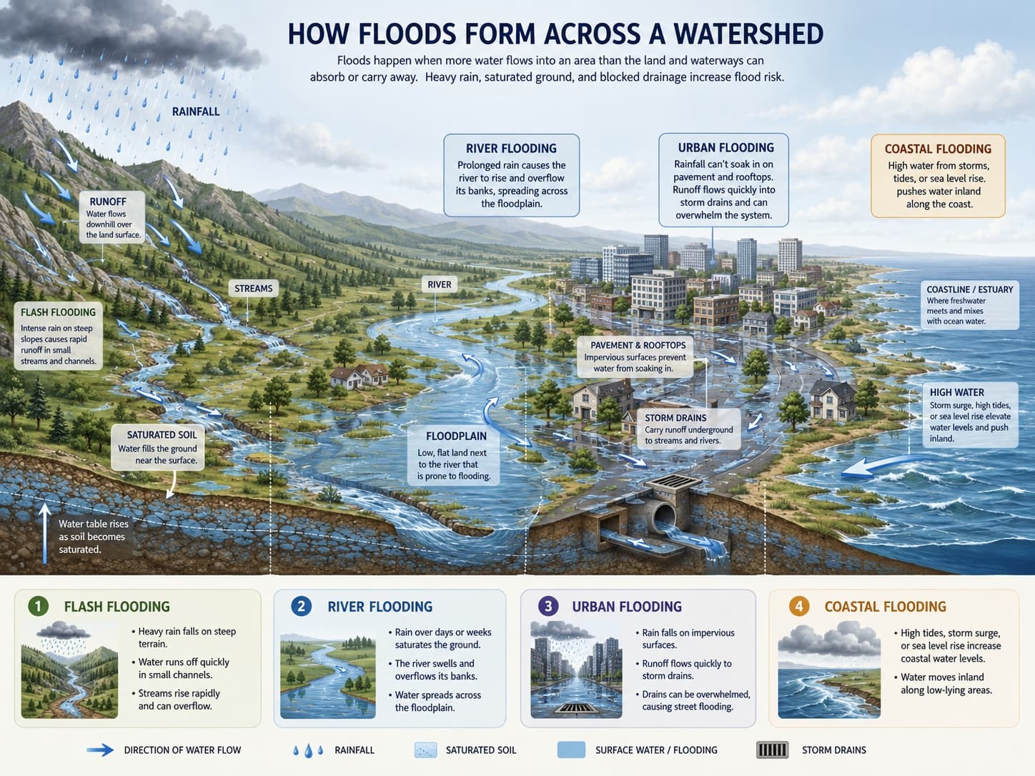 Placeholder: educational flood science diagram showing watershed, rainfall, runoff, river flooding, urban flooding, and coastal flooding