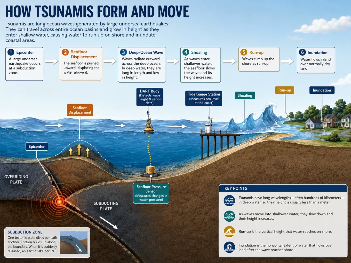Placeholder: educational tsunami science diagram showing earthquake source, wave travel, shoaling, warning systems, and coastal inundation