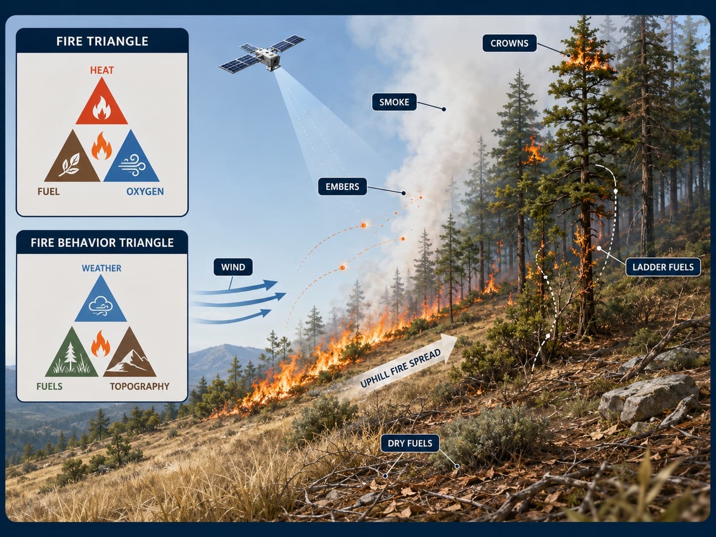 Placeholder: educational wildfire science diagram showing fuel, weather, topography, embers, smoke, and satellite monitoring