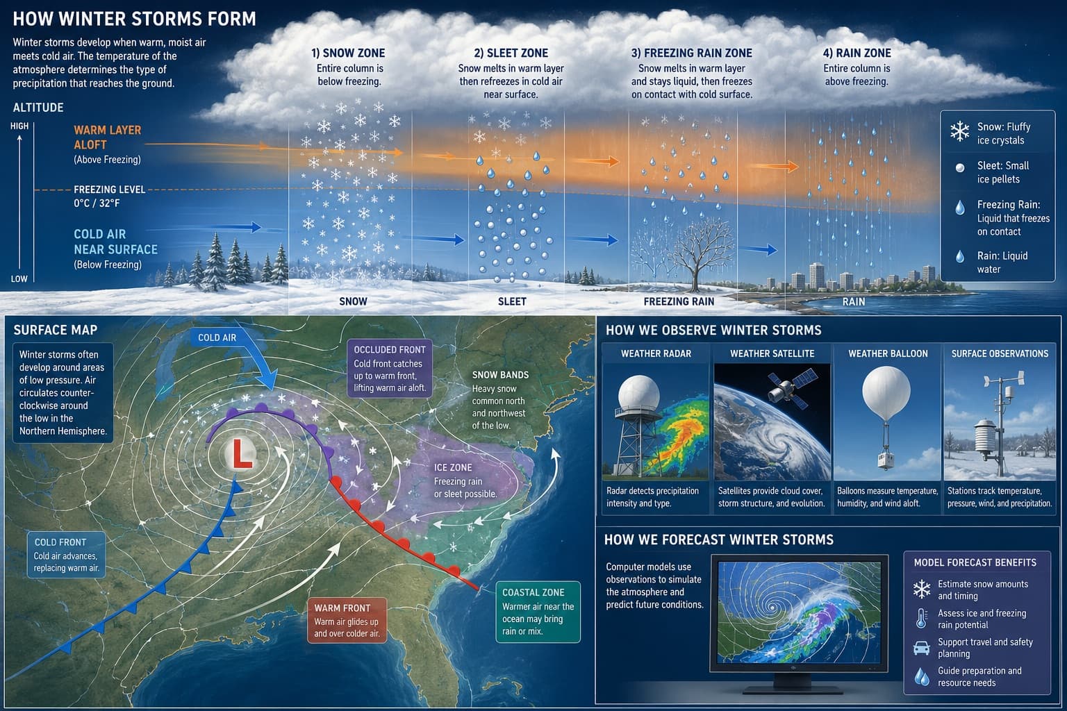 Placeholder: educational winter storm science diagram showing low pressure, snow, sleet, freezing rain, wind, and forecasting tools